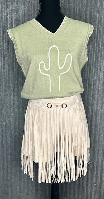 Bone Ivory Suede Fringe Front BUckle Belt Skort