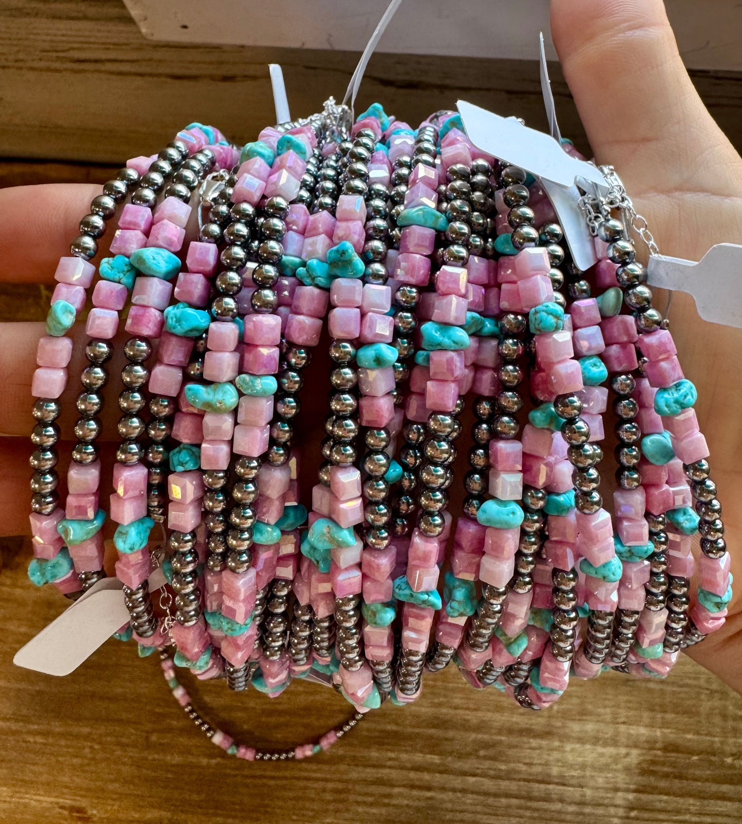 Sleeping Beauty Turquoise & Pink Magnesite Necklace – 4mm Sterling Silver Pearls