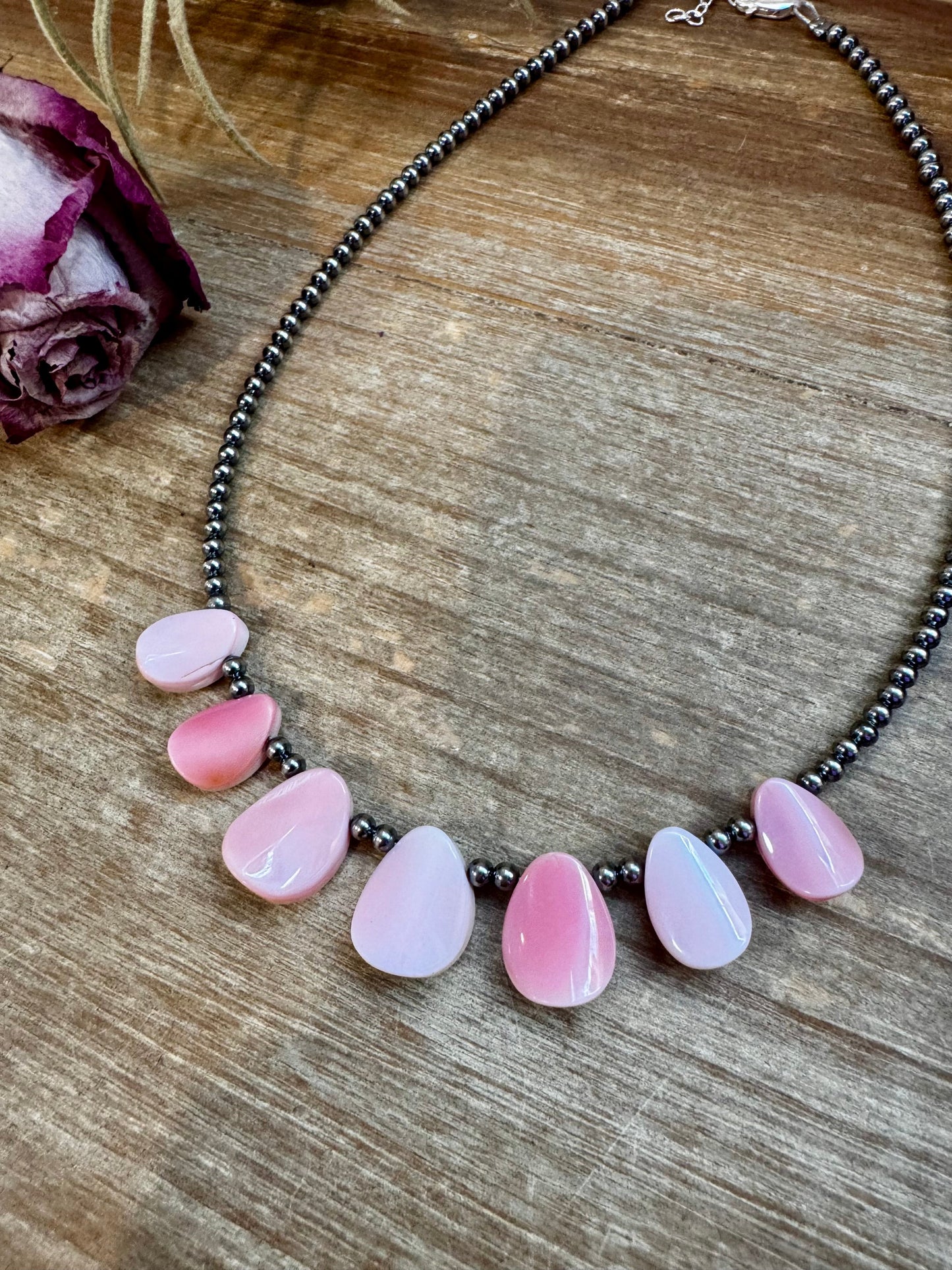 14" Pink Conch Petal Choker – 3mm Sterling Silver Pearls