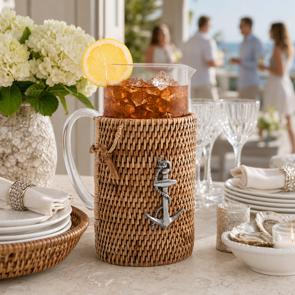 Anchor Glass Pitcher Hand Woven Wicker Natural Rattan Cover