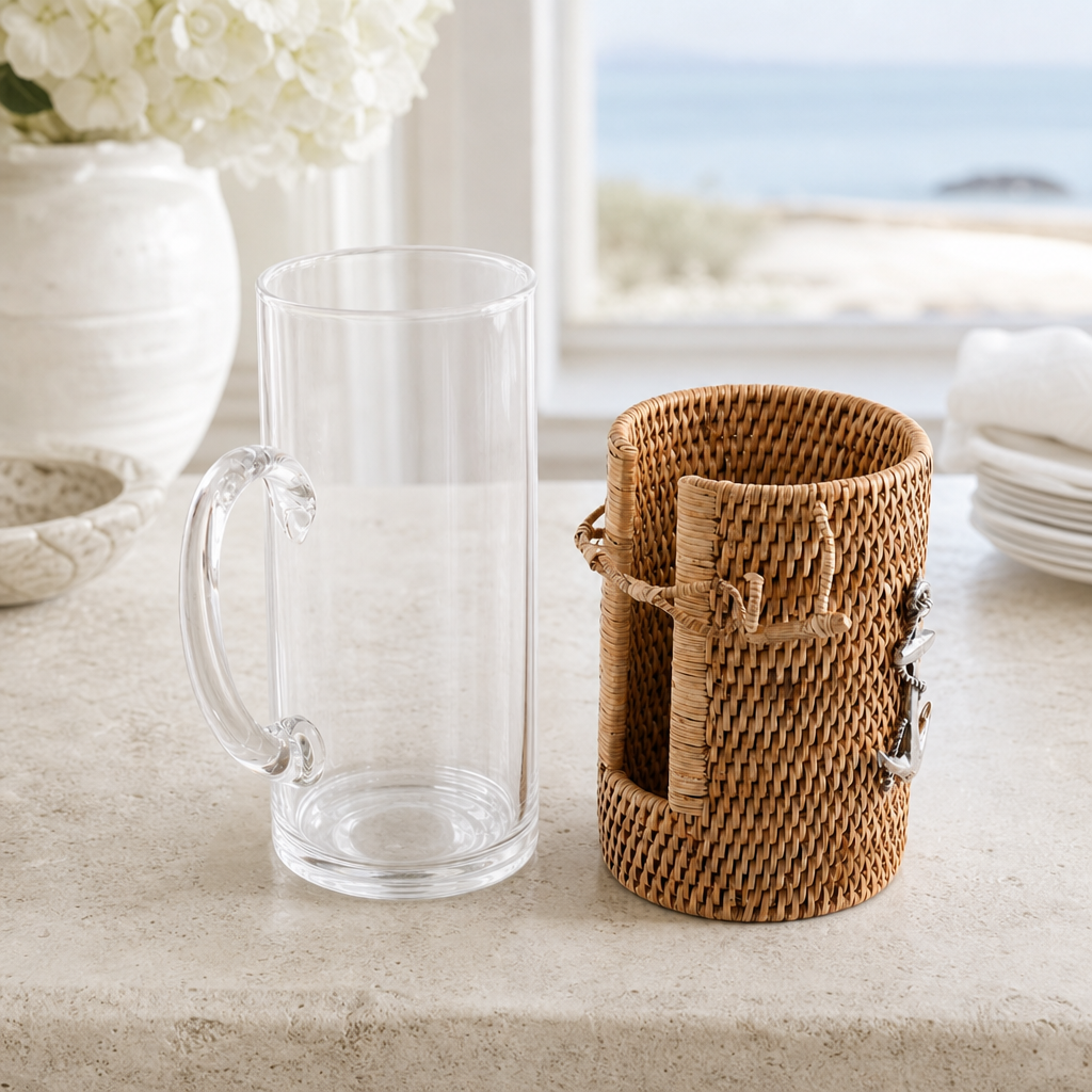 Anchor Glass Pitcher Hand Woven Wicker Natural Rattan Cover