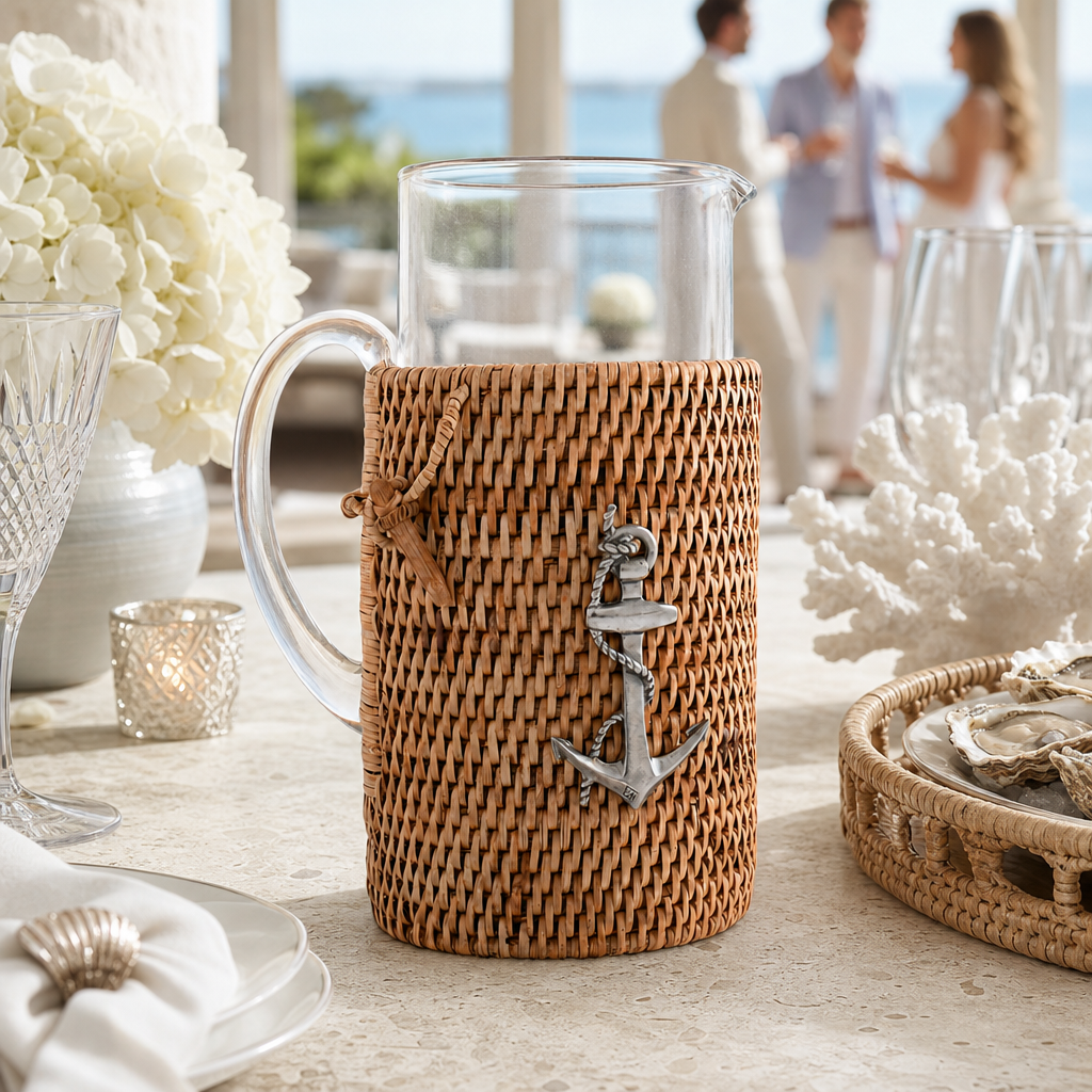 Anchor Glass Pitcher Hand Woven Wicker Natural Rattan Cover