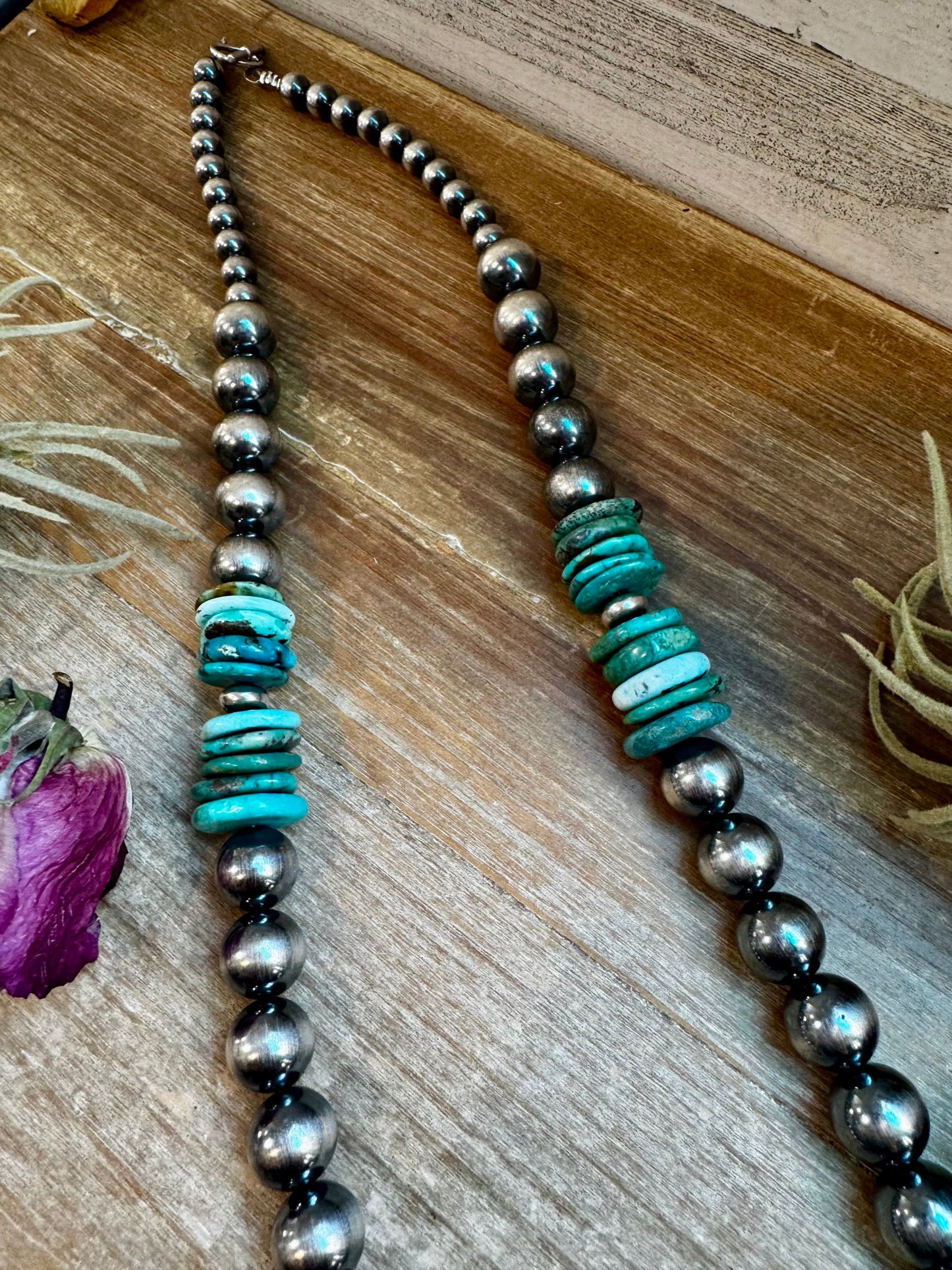 NFR Collection Necklace – 8mm, 10mm & 14mm Sterling Silver Pearls with Turquoise – Handmade by The Bijoux FAB – 37"