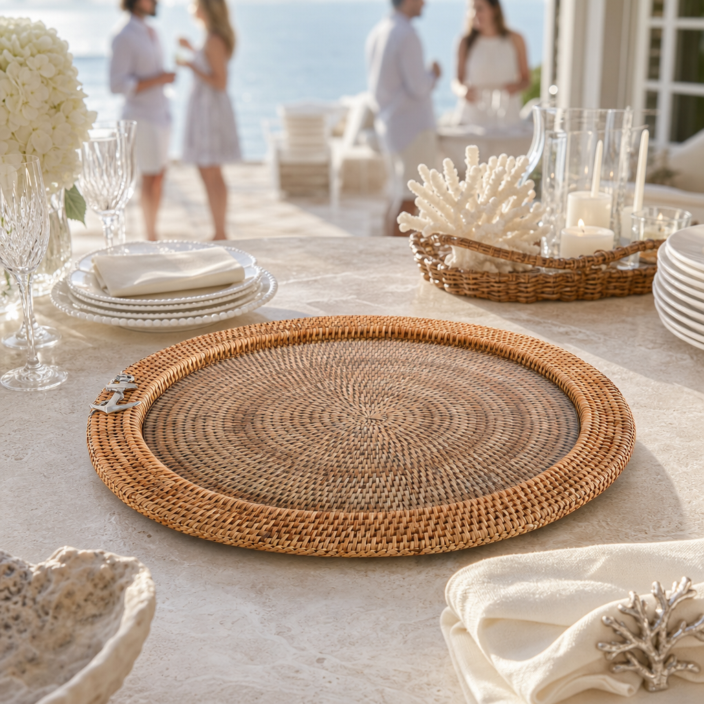 Anchor Round Serving Tray Hand Woven Wicker Rattan - Glass Insert