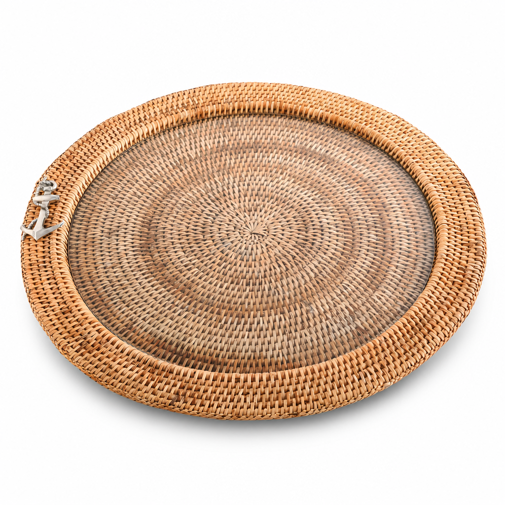 Anchor Round Serving Tray Hand Woven Wicker Rattan - Glass Insert
