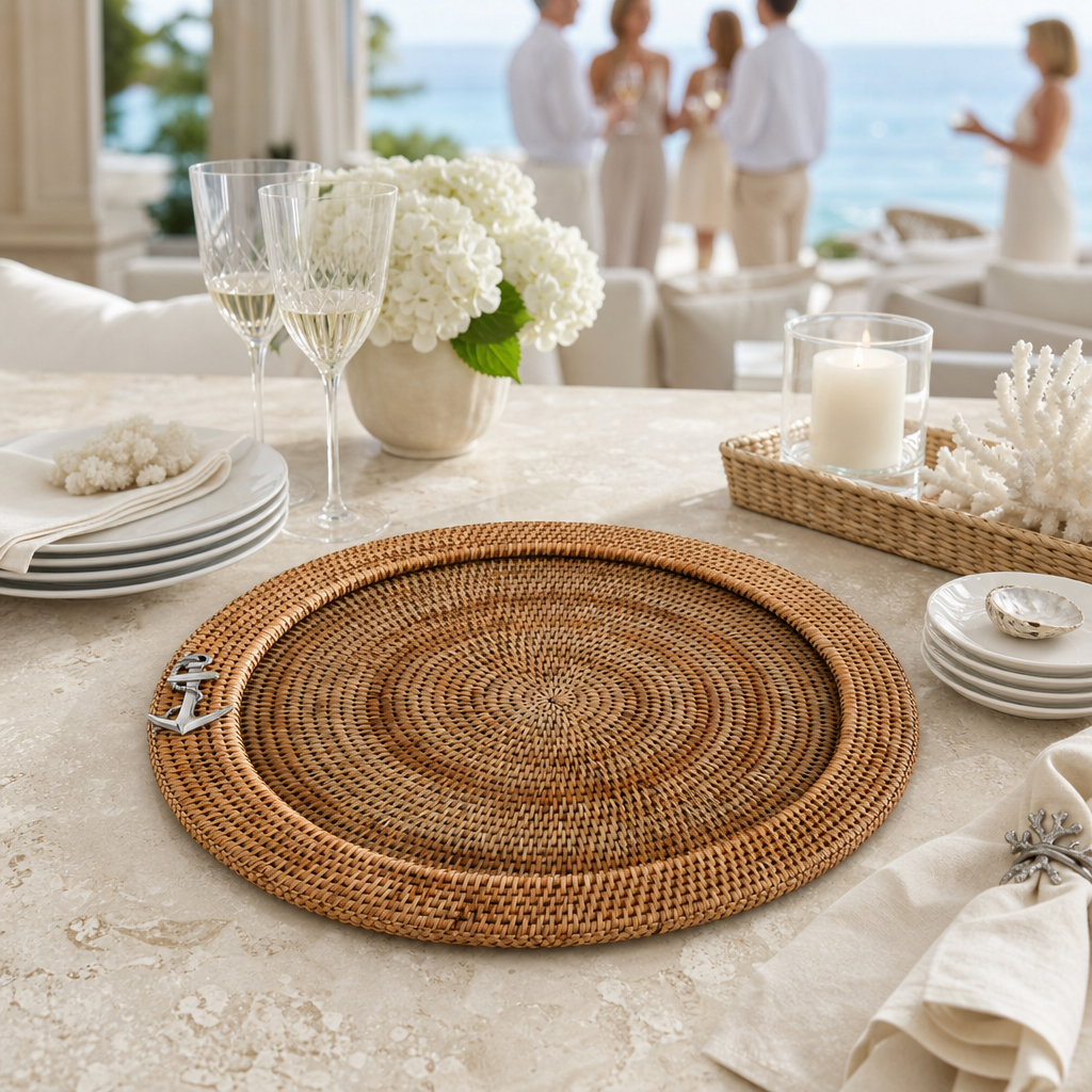 Anchor Round Serving Tray Hand Woven Wicker Rattan - Glass Insert