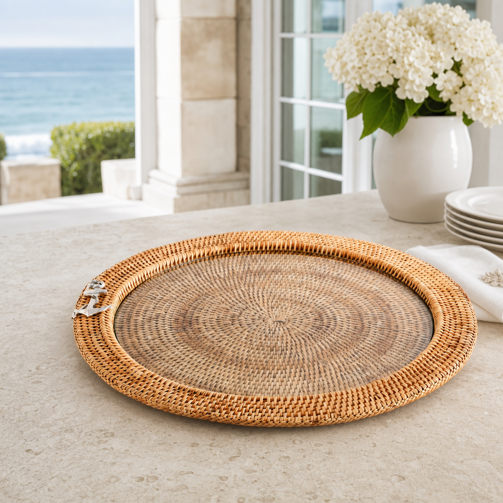 Anchor Round Serving Tray Hand Woven Wicker Rattan - Glass Insert