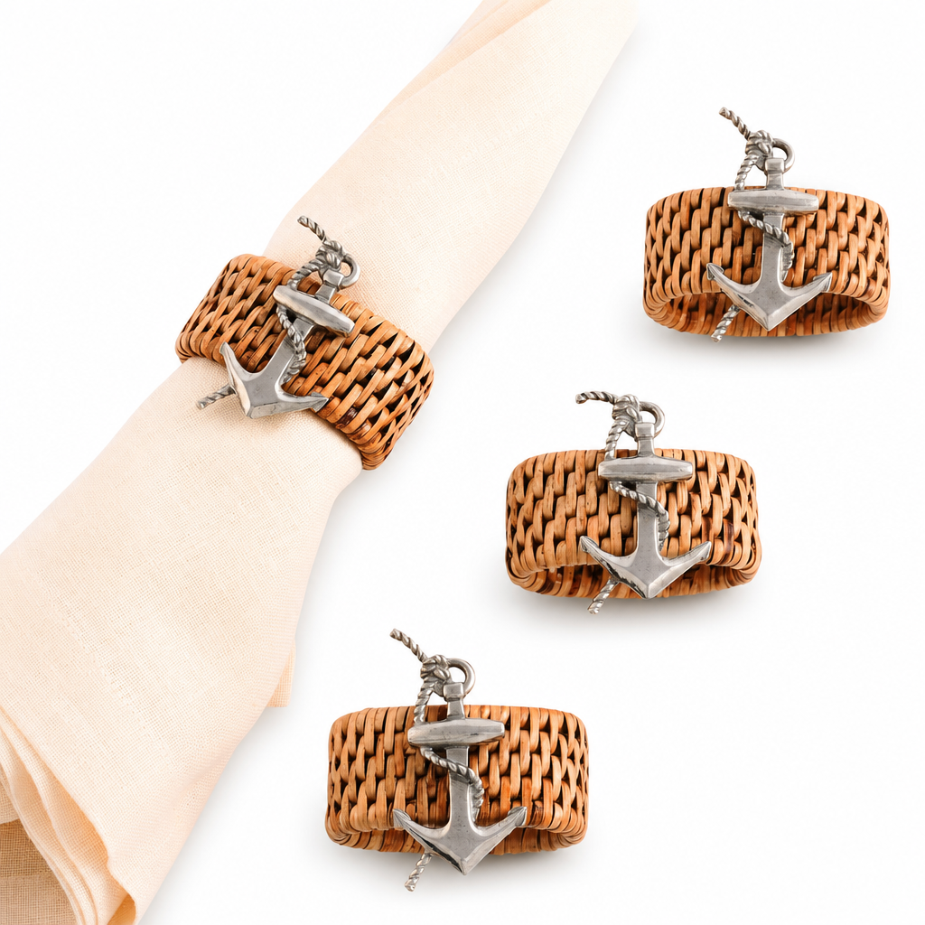 Anchor Hand Woven Wicker Rattan Napkin Ring - Set of 4