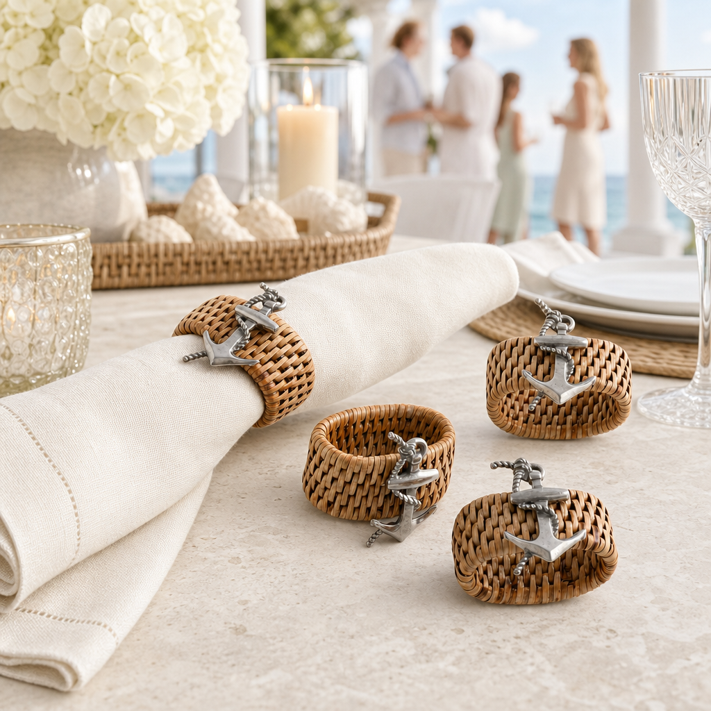 Anchor Hand Woven Wicker Rattan Napkin Ring - Set of 4