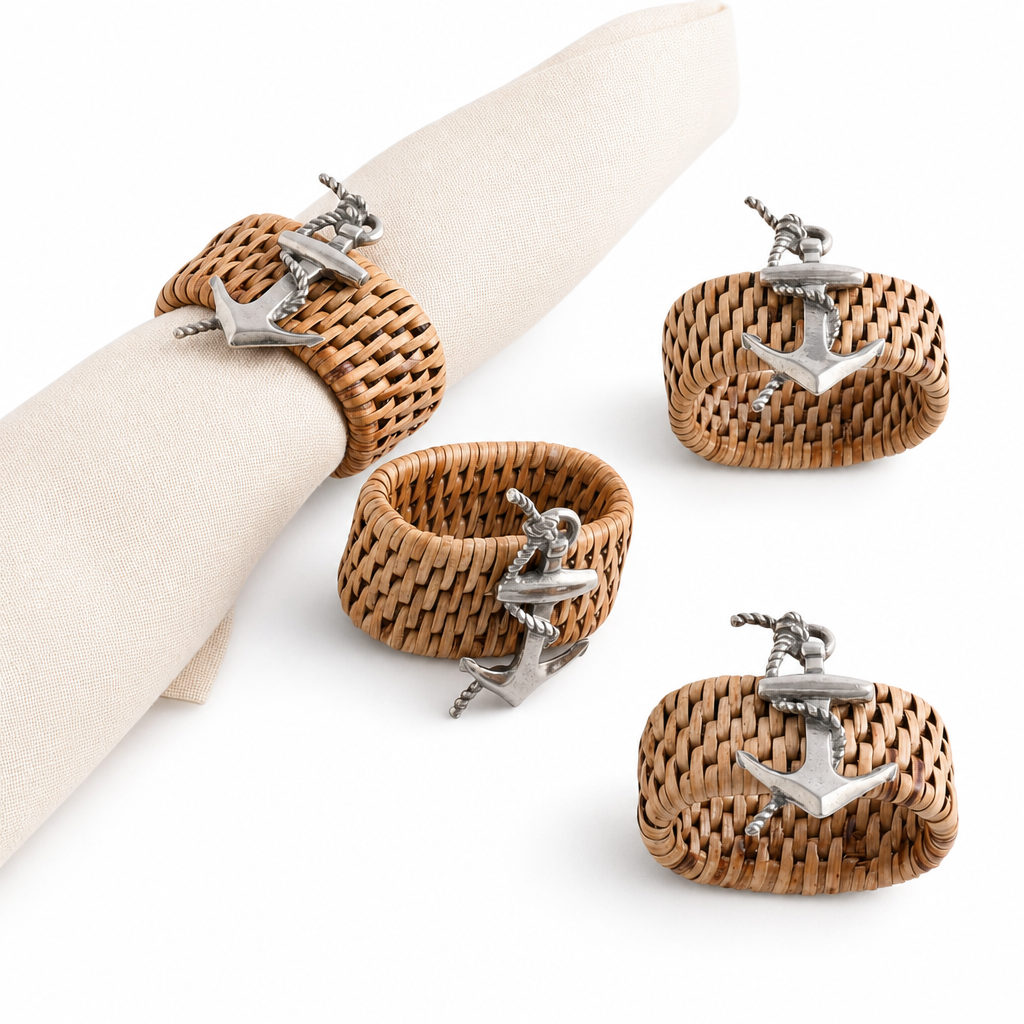 Anchor Hand Woven Wicker Rattan Napkin Ring - Set of 4
