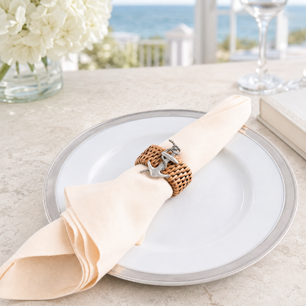 Anchor Hand Woven Wicker Rattan Napkin Ring - Set of 4