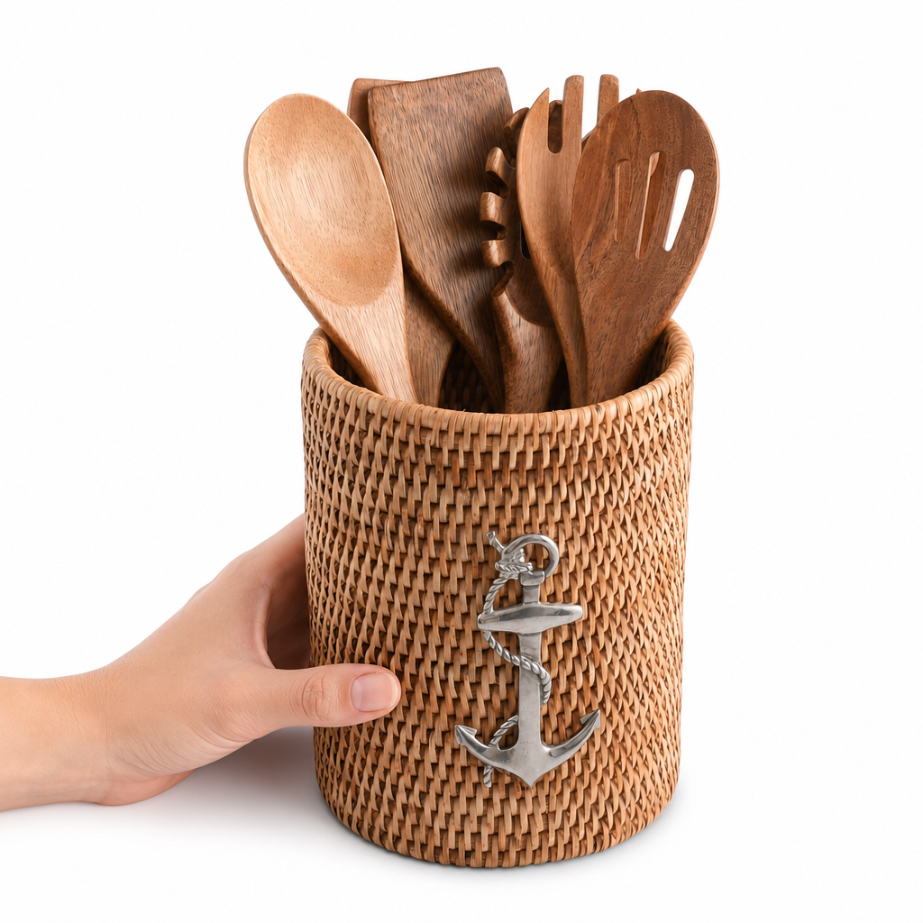 Anchor Hand Woven Wicker Rattan Utensils Holder