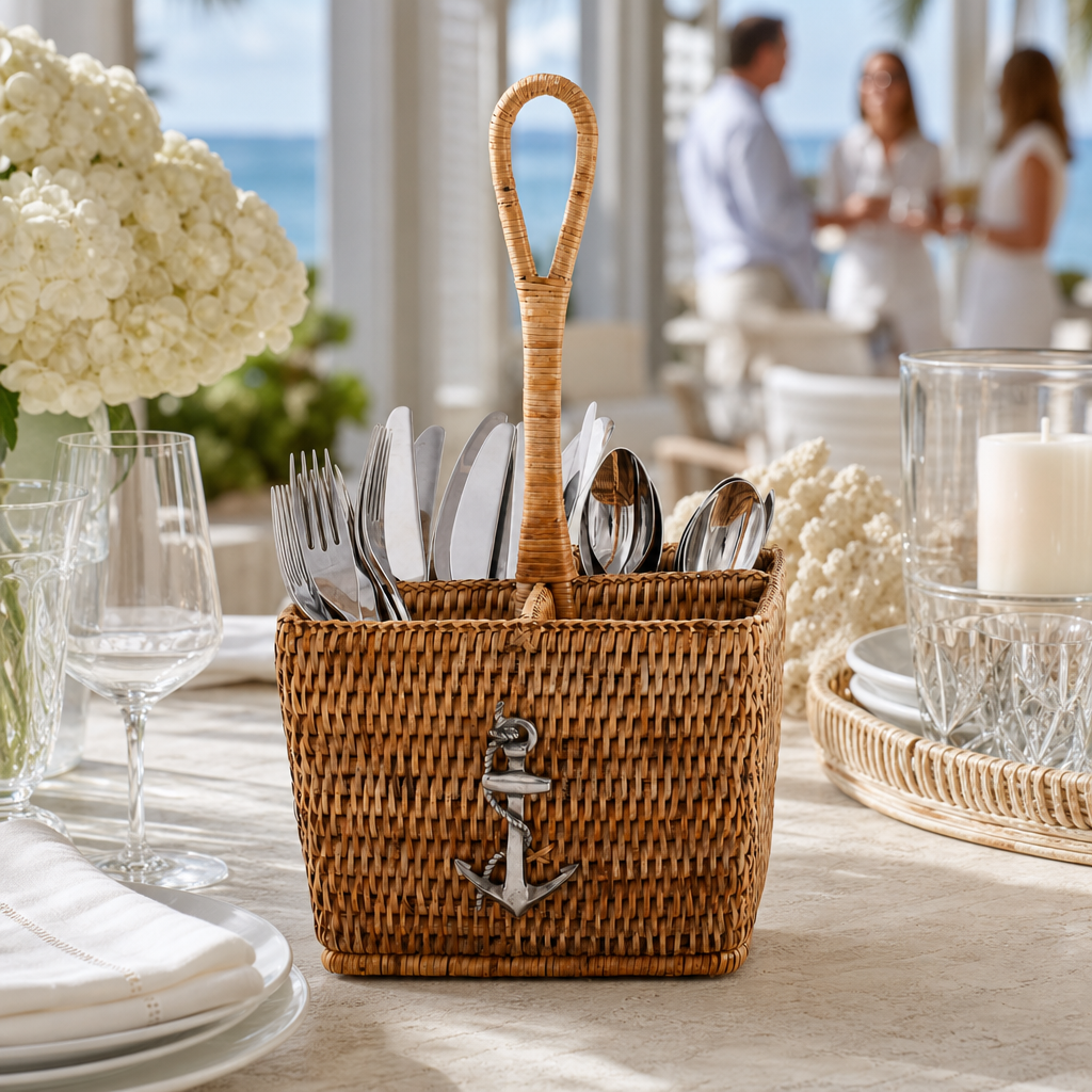 Anchor Hand Woven Wicker Rattan Flatware Caddy