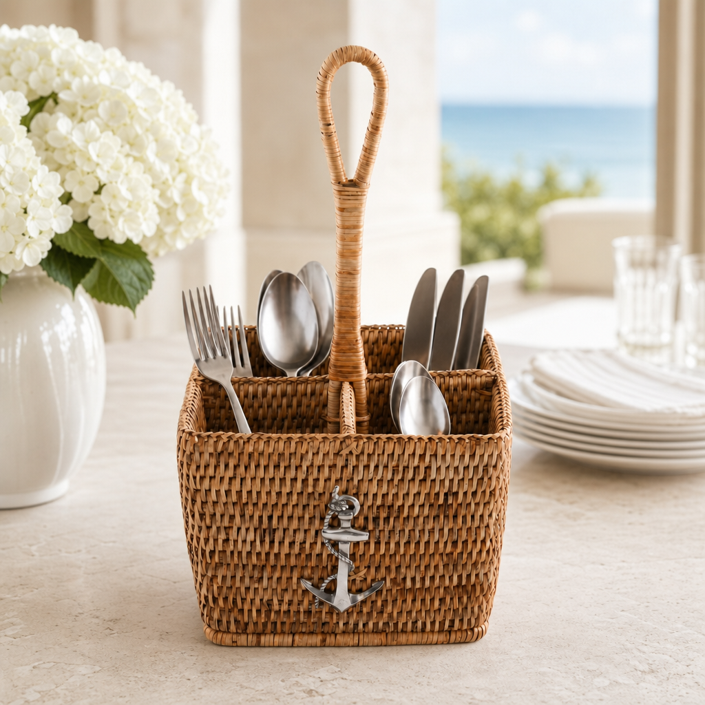 Anchor Hand Woven Wicker Rattan Flatware Caddy