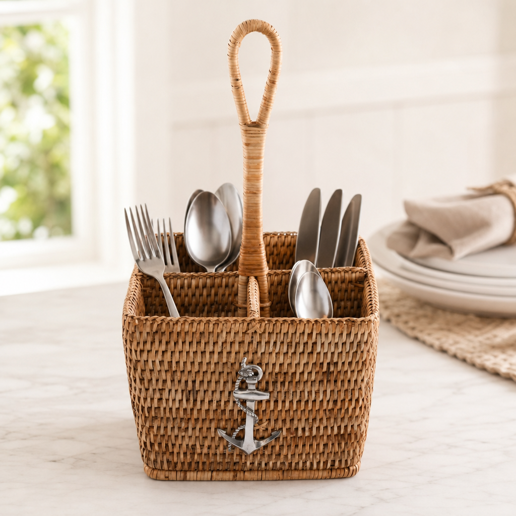 Anchor Hand Woven Wicker Rattan Flatware Caddy