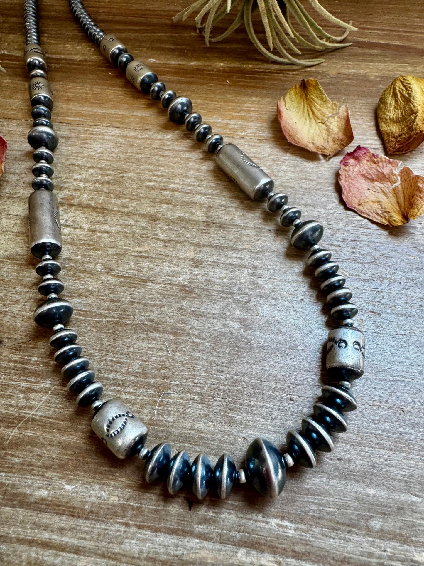 Graduated Barrel Bead Necklace – 24 Inch – Sterling Silver Saucer & Barrel Beads