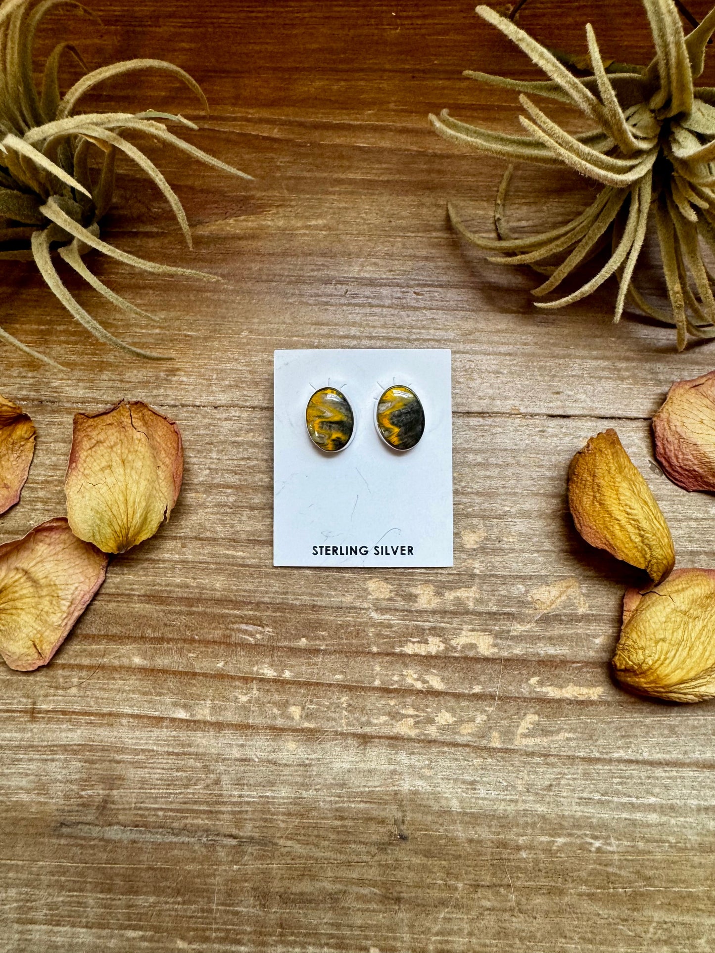 Oval Bumblebee Jasper Stud Earrings – Sterling Silver, Native Made by K.S., USA