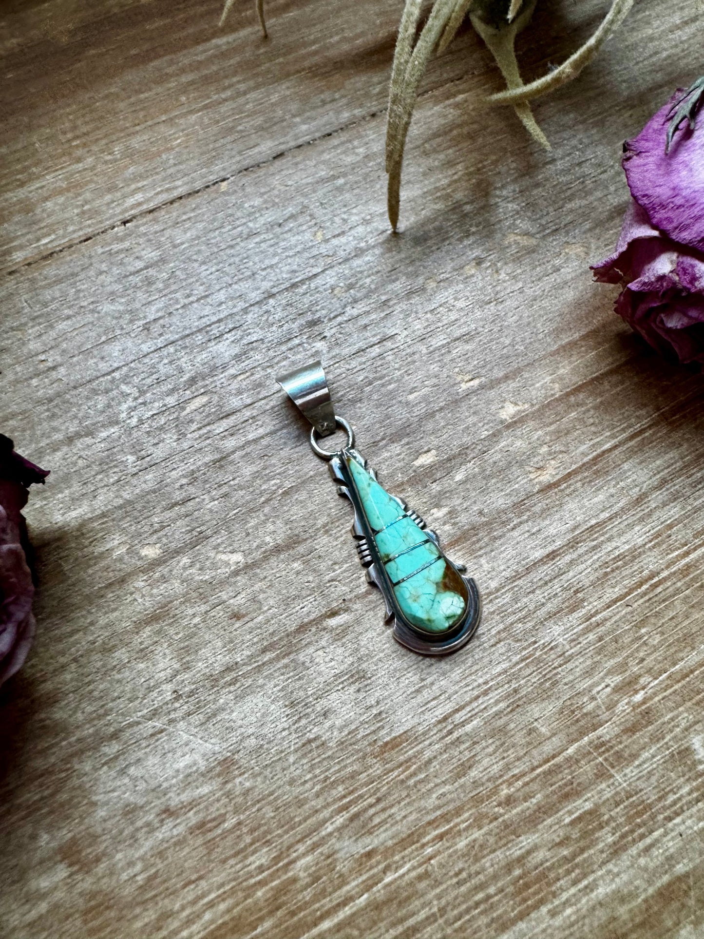Teardrop Pendant with Kingman Turquoise – Option 3 – Sterling Silver – Native Made by SF – Fits 5mm