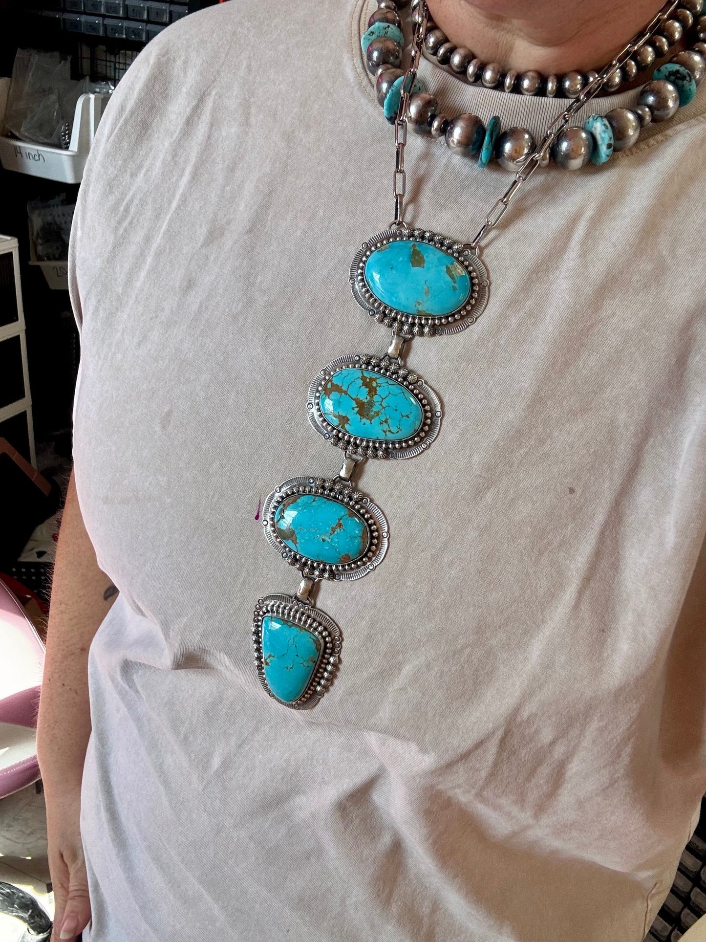 Massive Lariat Necklace – Kingman Turquoise – 19.5 Inch Sterling Silver Paperclip Chain – 8 Inch Drop – Native Made by T. Nez Sr.