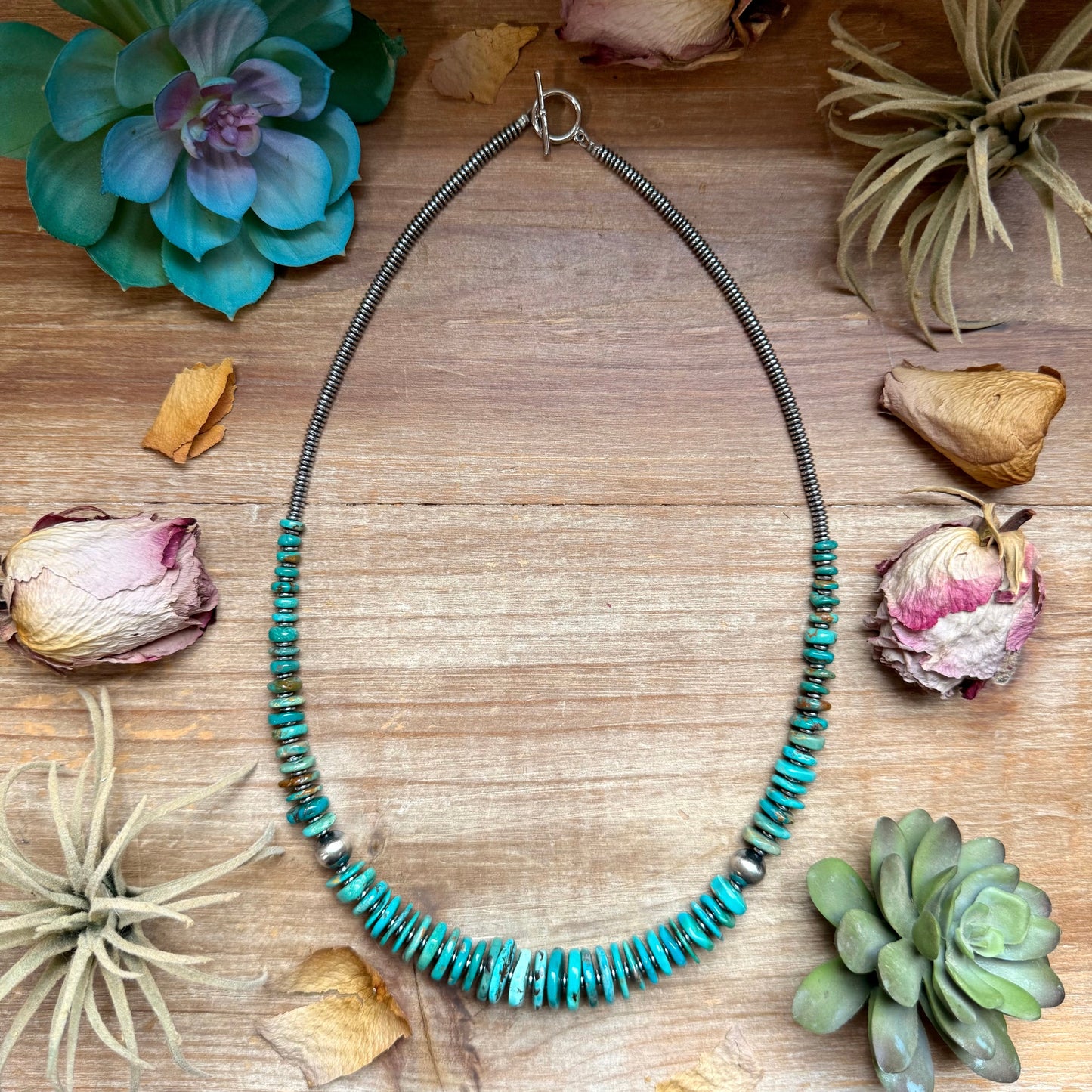 Turquoise Graduated Necklace with Hematite & Sterling Silver Accents – 23”