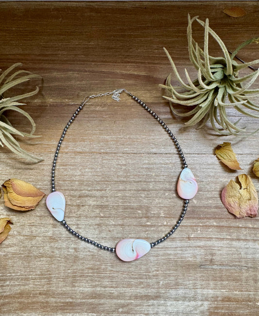 Sterling Silver Choker – 4 Flat Pink Conch Teardrops – 14.5" Approx.