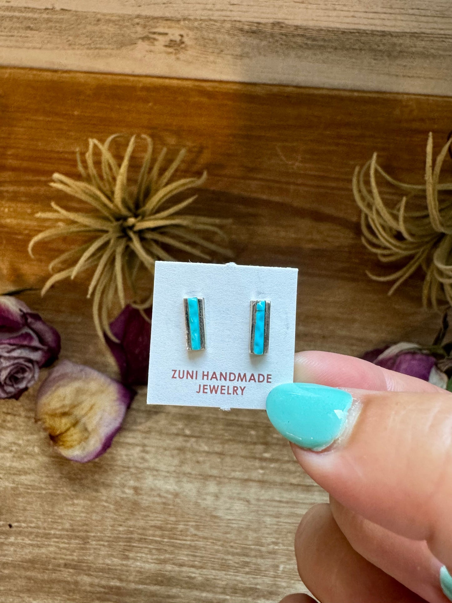 Mini Rectangle Stud Earrings – Kingman Turquoise – Sterling Silver – Zuni Made