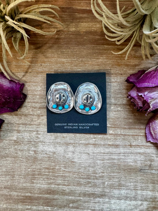 Cowboy Hat Stud Earrings with Kingman Turquoise – Sterling Silver – Native Made by Bobby Platero