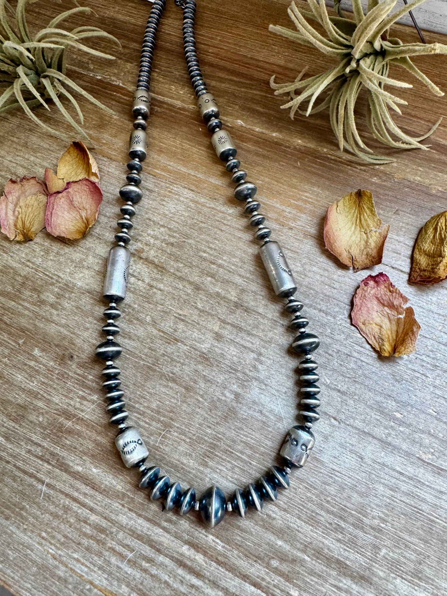 Graduated Barrel Bead Necklace – 24 Inch – Sterling Silver Saucer & Barrel Beads