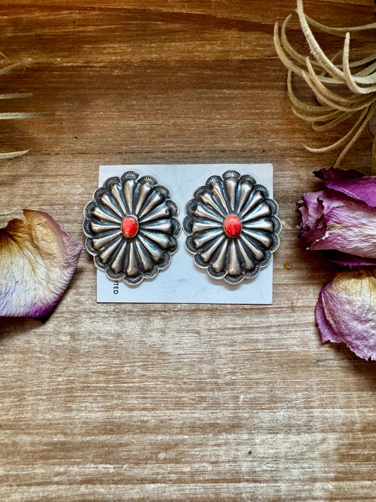 Large Concho Earrings with Red Spiny Oyster – Sterling Silver