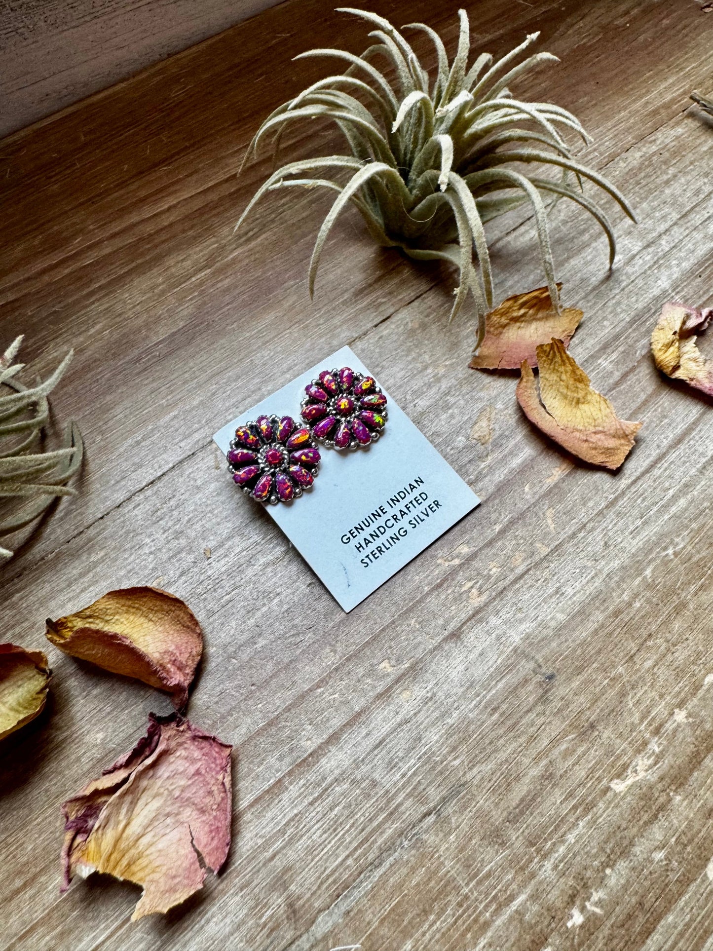 Cluster Earrings – Dark Pink Opal & Sterling Silver