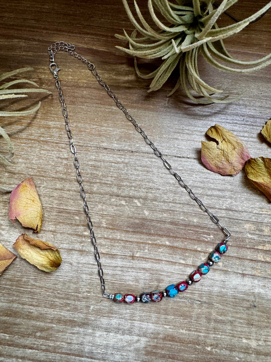 Paperclip Chain Necklace – 4mm Sterling Silver Pearls & Pink-Blue Sea Sediment – 16.5"