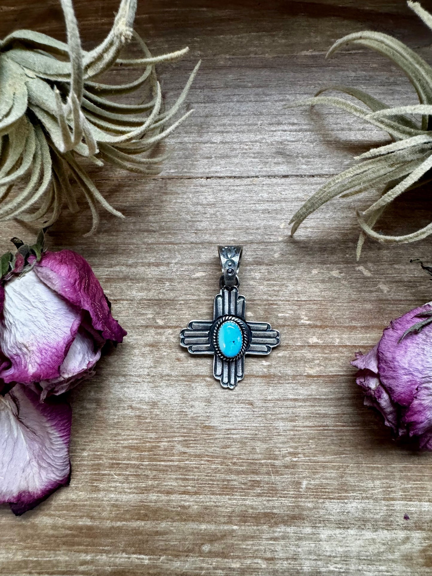 Zia Symbol Pendant with Golden Hill Turquoise – Sterling Silver – Native Made by KB