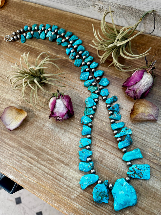 NFR Collection Necklace – 8mm Sterling Silver Pearls with Graduated Turquoise – Handmade by The Bijoux FAB – 34"