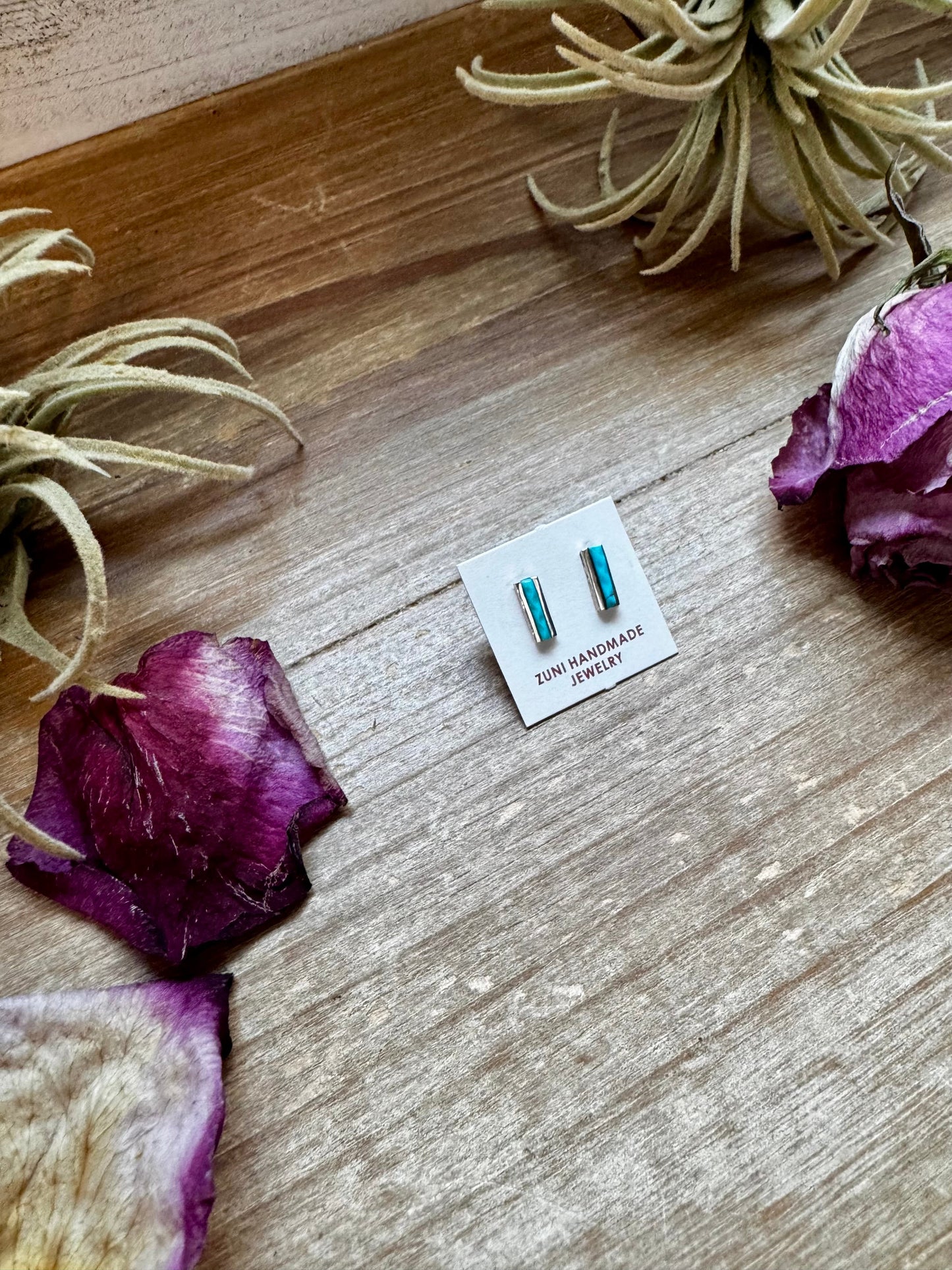 Mini Rectangle Stud Earrings – Kingman Turquoise – Sterling Silver – Zuni Made