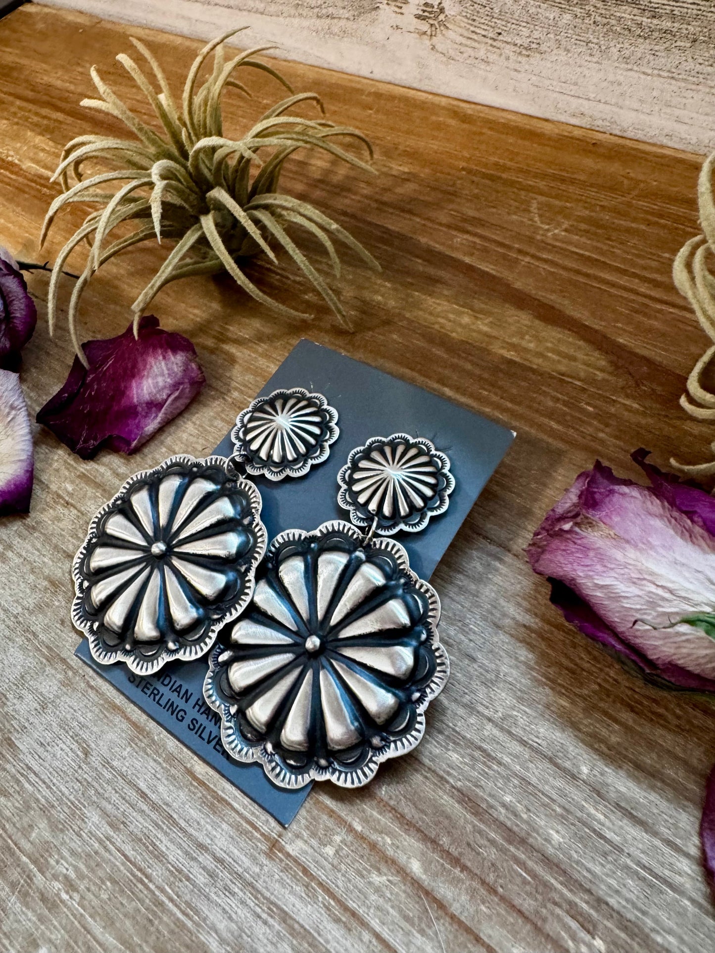 Concho Dangle Earrings – Sterling Silver – Native Made by E. Tahe