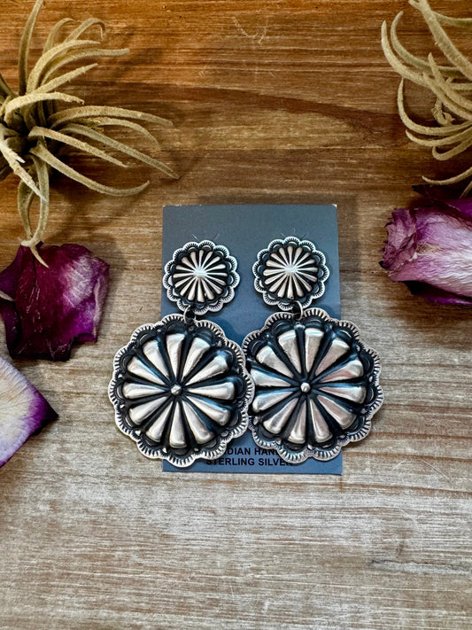 Concho Dangle Earrings – Sterling Silver – Native Made by E. Tahe