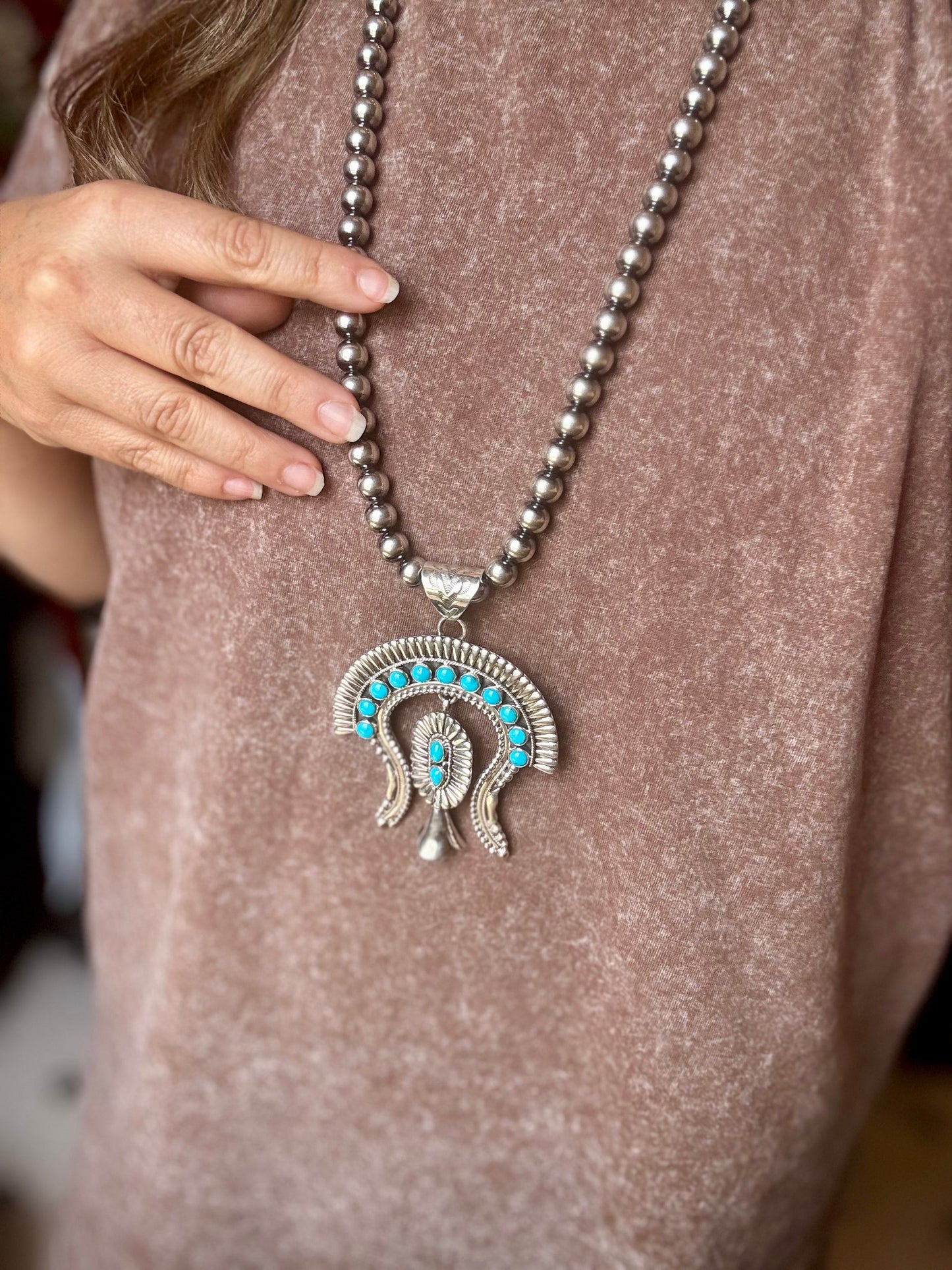 Large Sterling Silver & Kingman Turquoise Pendant – Native Made by L. – Fits 12mm Pearls