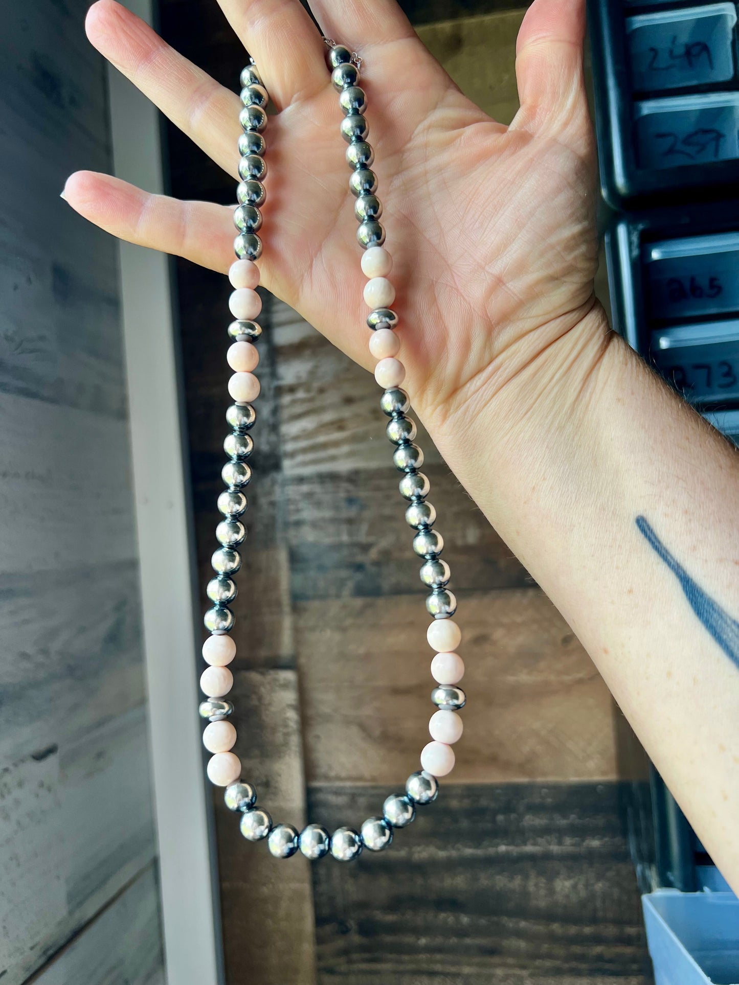 Pink Conch & Sterling Silver Necklace – 8 mm Pearls – 19 Inch + Extender