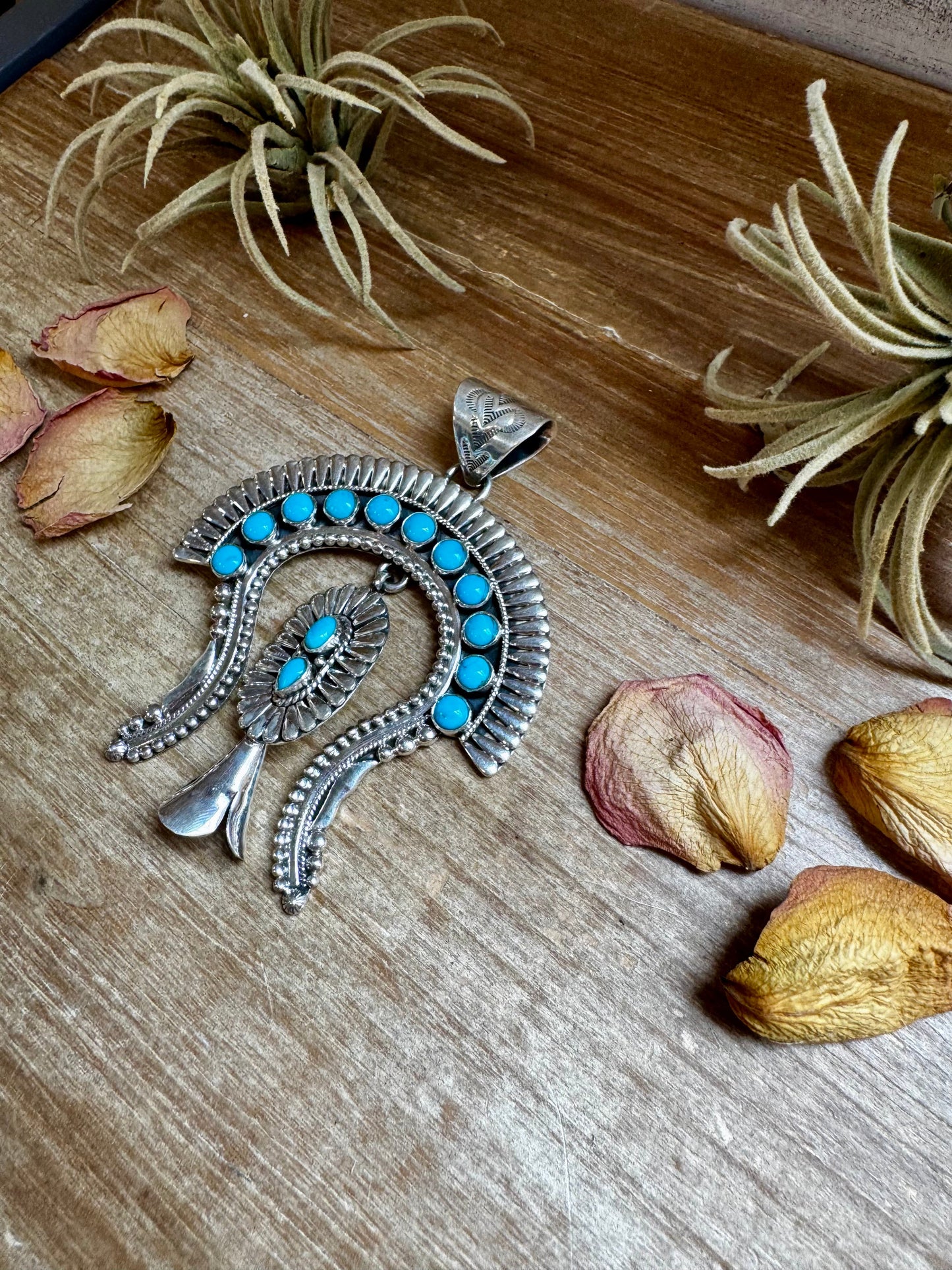 Large Sterling Silver & Kingman Turquoise Pendant – Native Made by L. – Fits 12mm Pearls