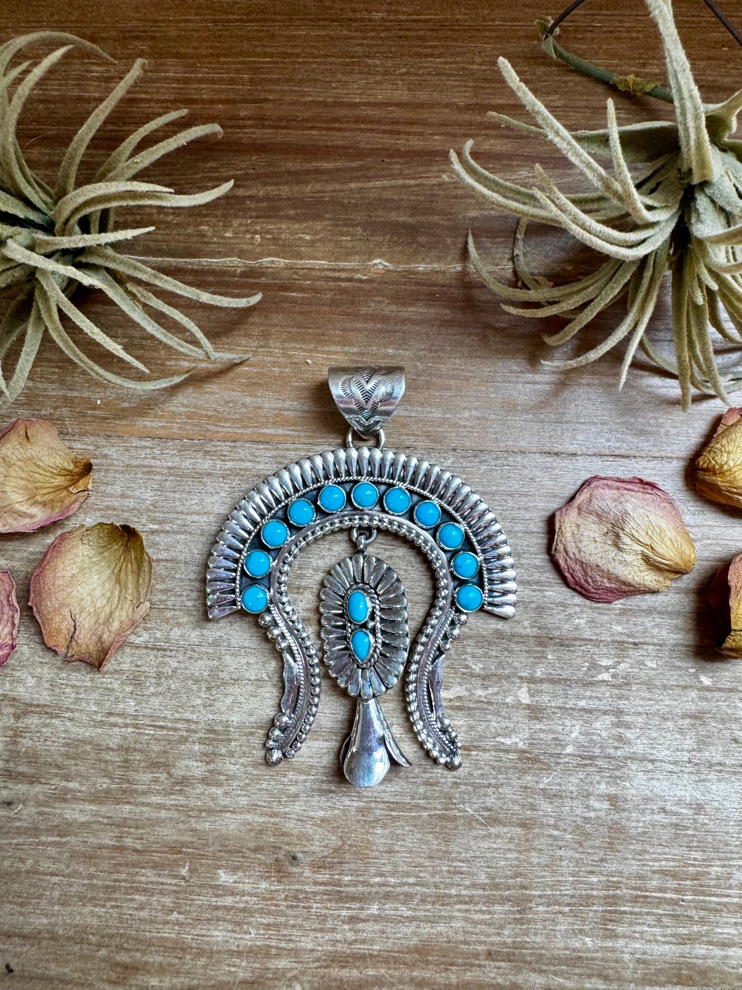 Large Sterling Silver & Kingman Turquoise Pendant – Native Made by L. – Fits 12mm Pearls