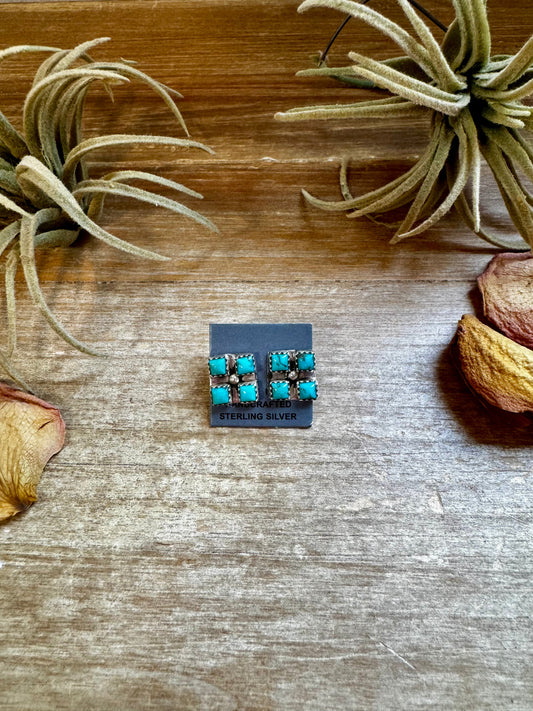 Square Kingman Turquoise Stud Earrings – Sterling Silver, Native Made, Stamped "N"