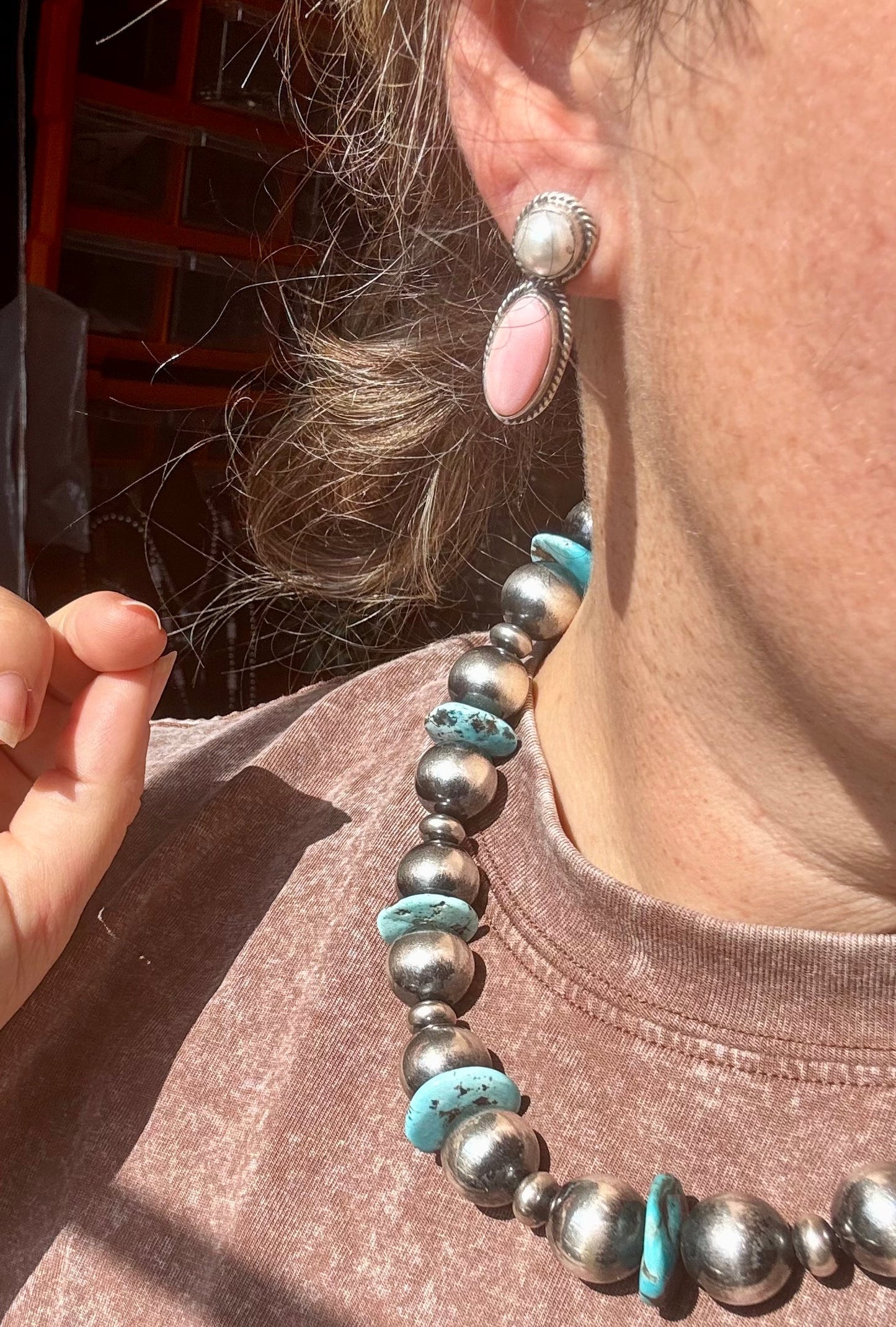 Mother of Pearl & Pink Conch Stud Earrings – Sterling Silver, Post Top, 1.5 Inch, Stamped Marcella James