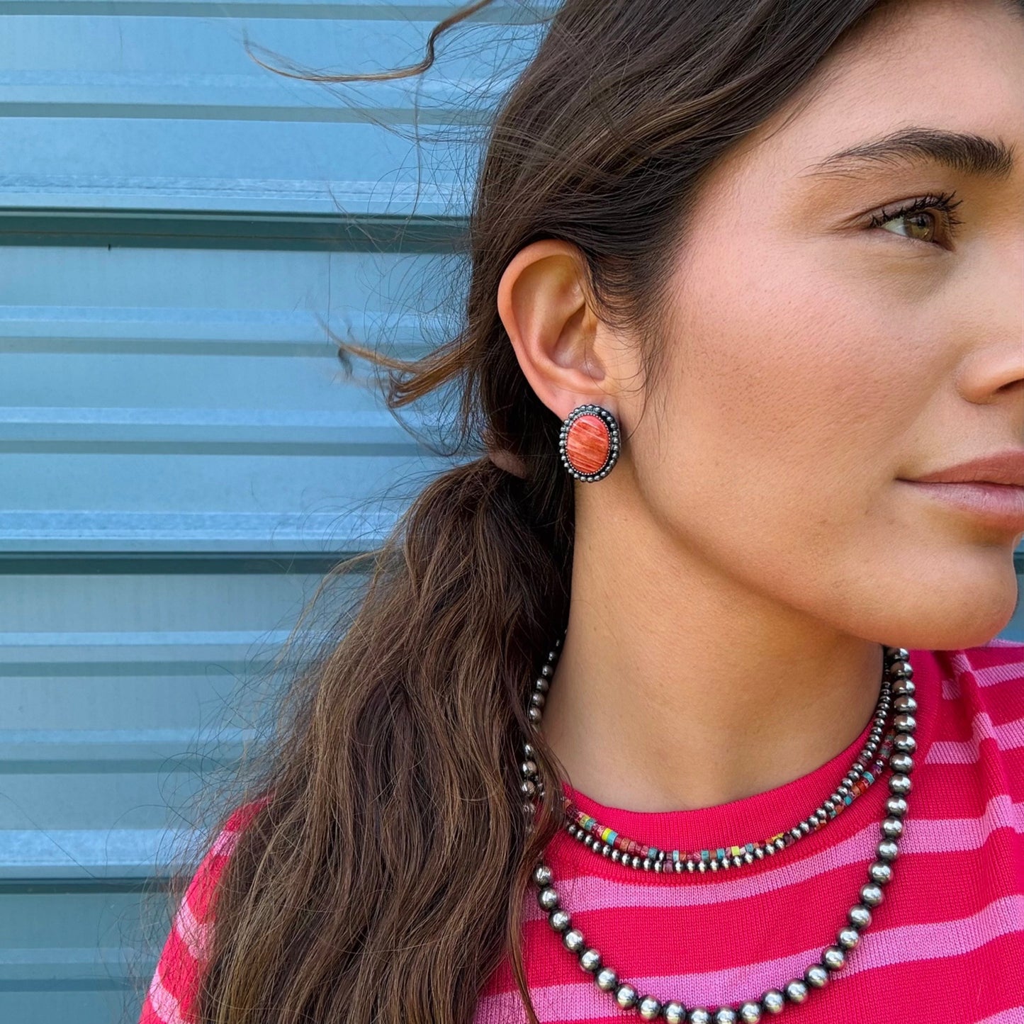 MJ Red Spiny Oyster Oval Stud Earrings