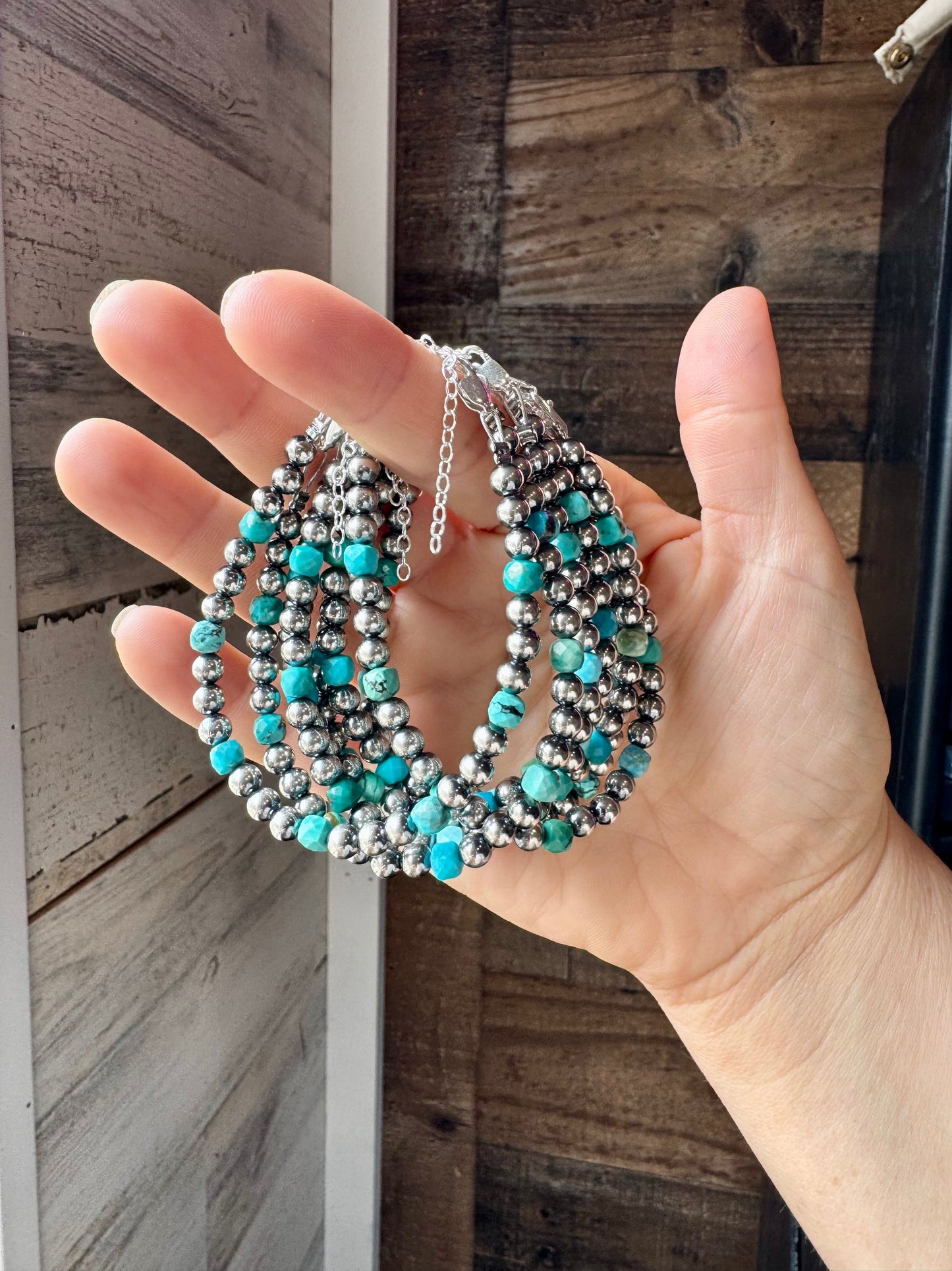 5mm Sterling Silver Pearl & Faceted Turquoise Bracelet