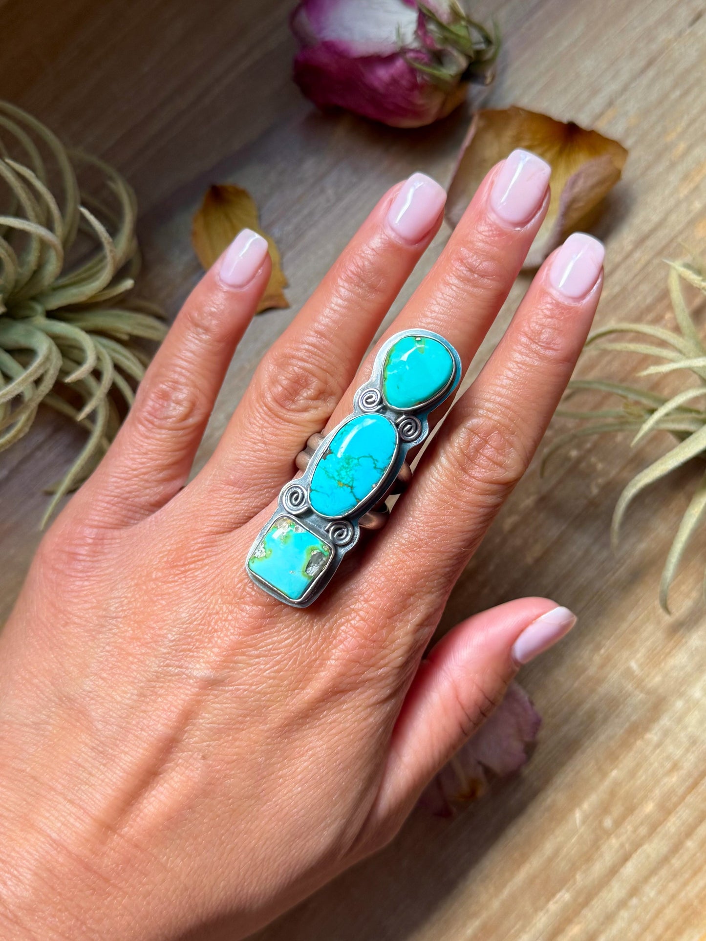 3-Stone Sonoran Turquoise Sterling Silver Ring – Adjustable