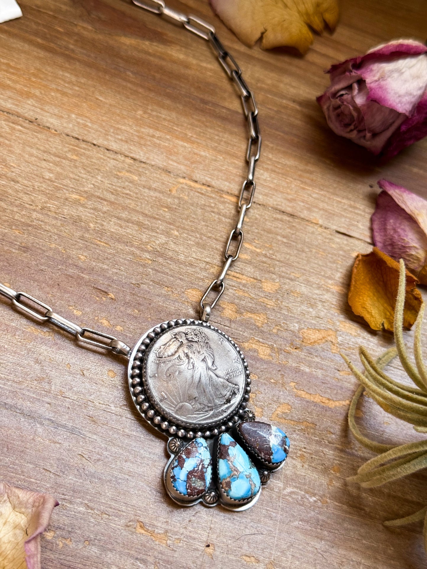 Sterling Silver Liberty Coin Necklace with Golden Hill Turquoise – 16” – 1945 Coin