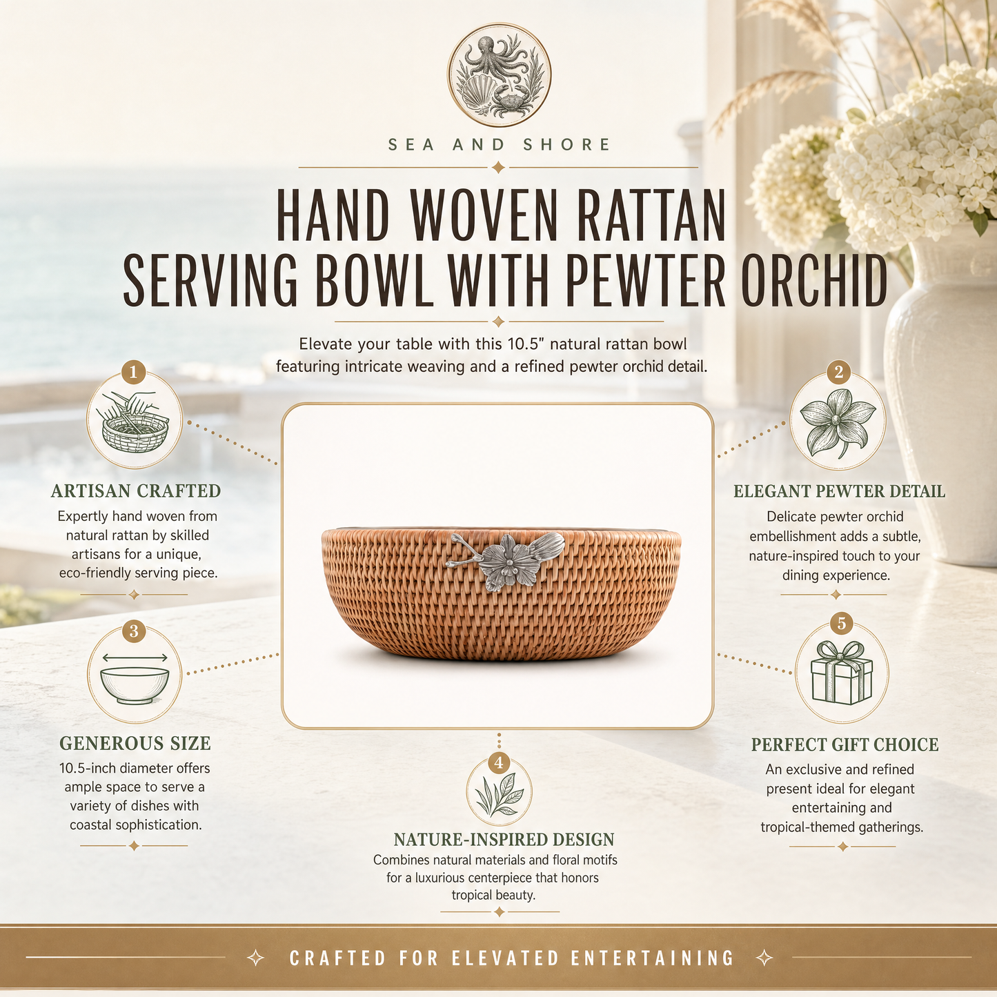 Orchid  Hand Woven Wicker Natural Rattan Serving Bowl