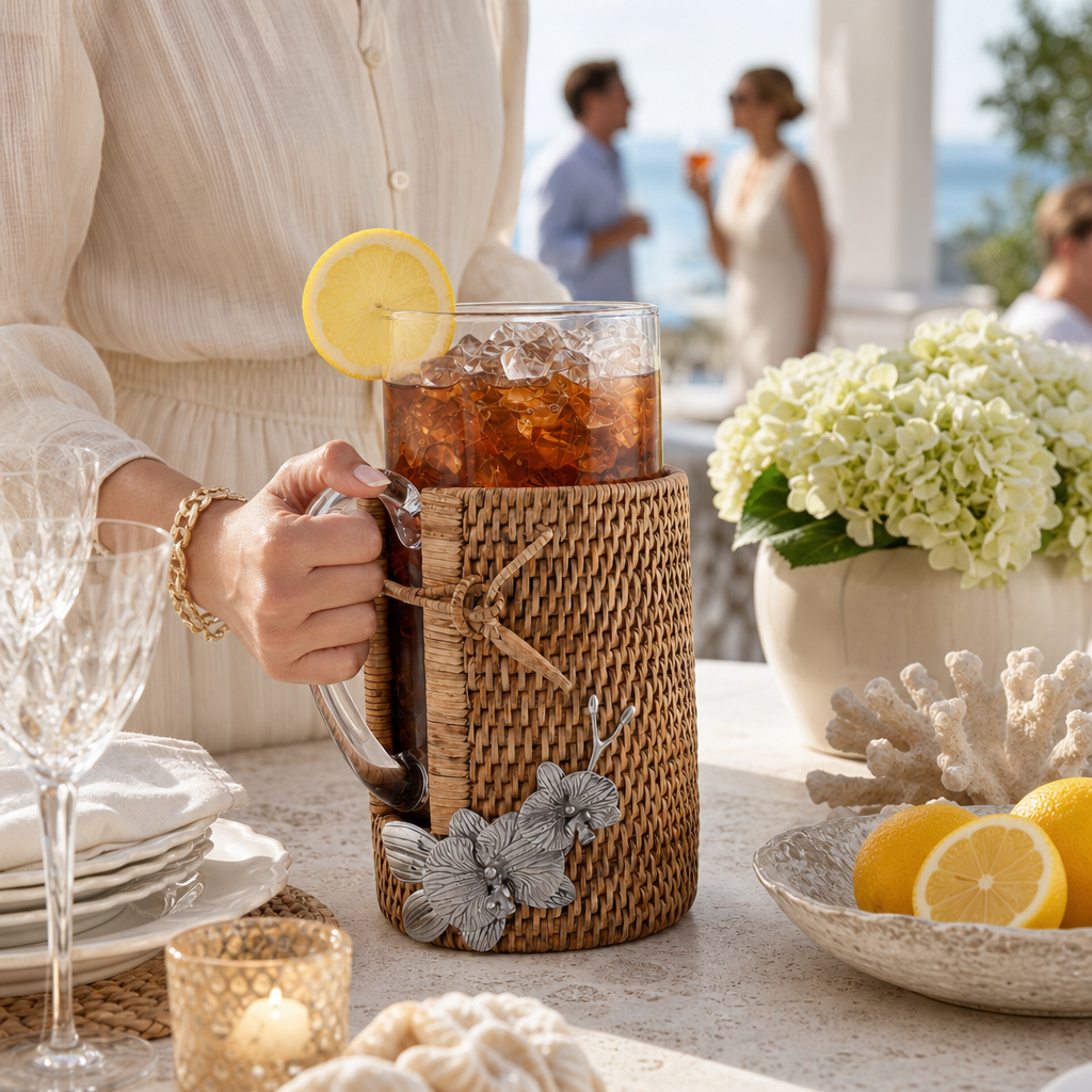 Orchid Glass Pitcher Hand Woven Wicker Natural Rattan Cover