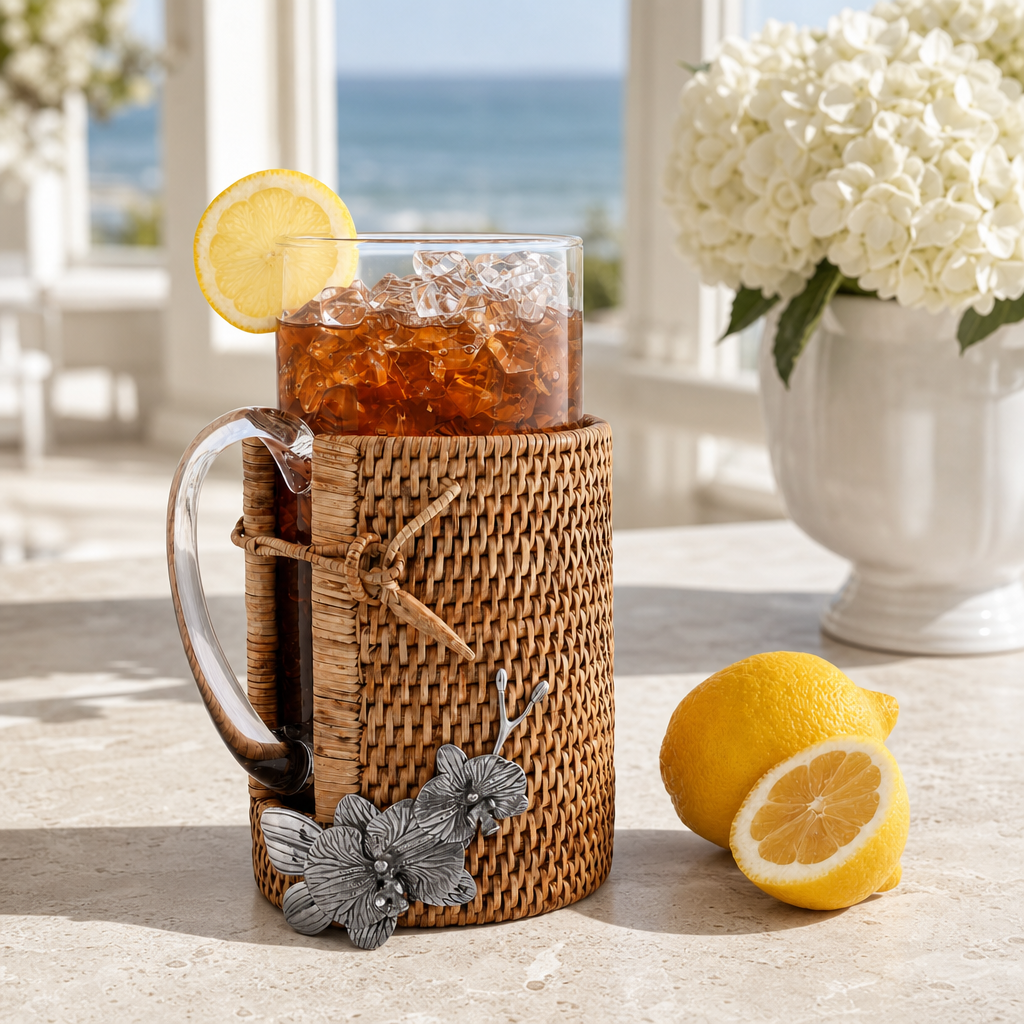 Orchid Glass Pitcher Hand Woven Wicker Natural Rattan Cover