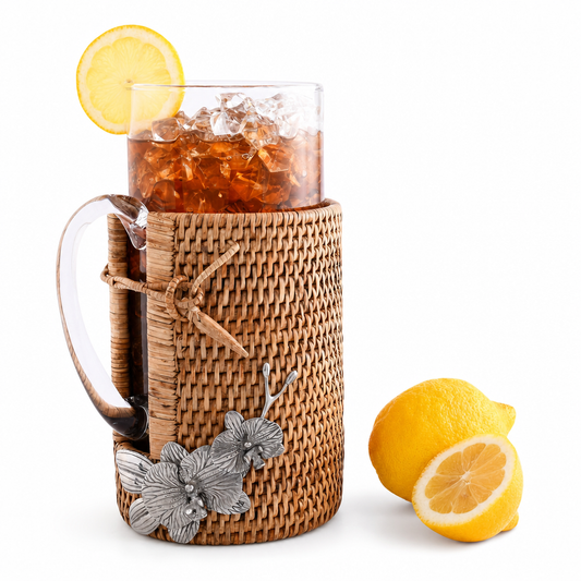 Orchid Glass Pitcher Hand Woven Wicker Natural Rattan Cover